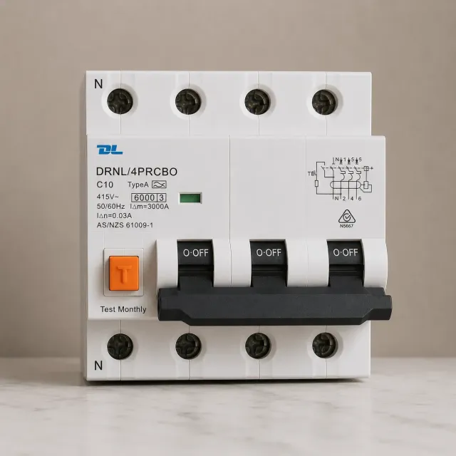 10AMP - 3 POLE +N RCBO 30mA C Curve - 6kA 500V - DL RCBO4P10A - 3 PHASE 4 POLE RCBO