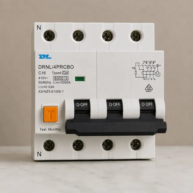 16AMP - 3 POLE +N RCBO 30mA C Curve - 6kA 500V - DL RCBO4P16A - 3 PHASE 4P RCBO