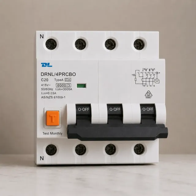 20AMP - 3 POLE +N RCBO 30mA C Curve - 6kA 500V - DL RCBO4P20A - 3 PHASE 4P RCBO