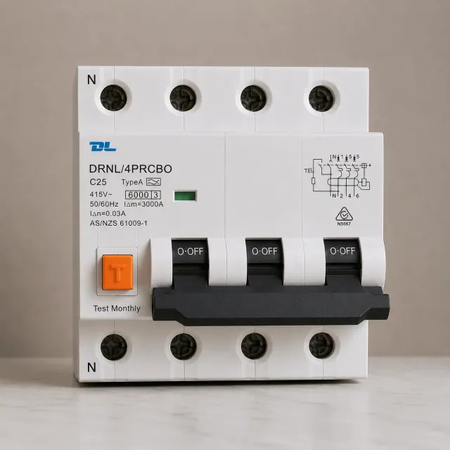25AMP - 3 POLE +N RCBO 30mA C Curve - 6kA 500V - DL RCBO4P25A - 3 PHASE 4P RCBO