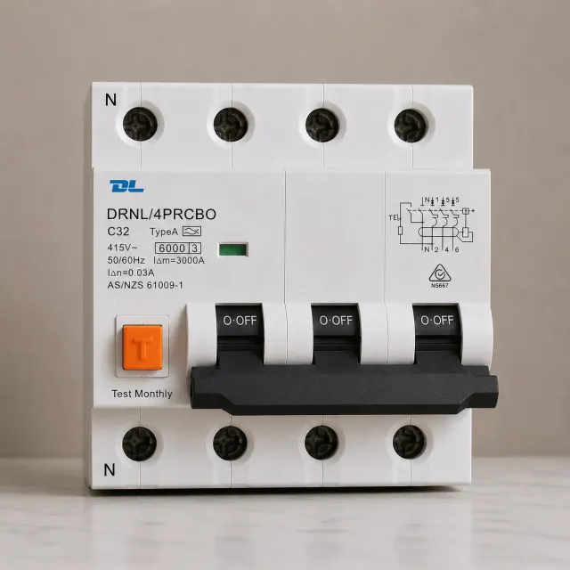 32AMP - 3 POLE +N RCBO 30mA C Curve - 6kA 500V - DL RCBO4P32 - 3 PHASE 4P RCBO