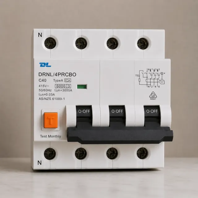 40AMP - 3 POLE +N RCBO 30mA C Curve - 6kA 500V - DL RCBO4P40 - 3 PHASE 4P RCBO
