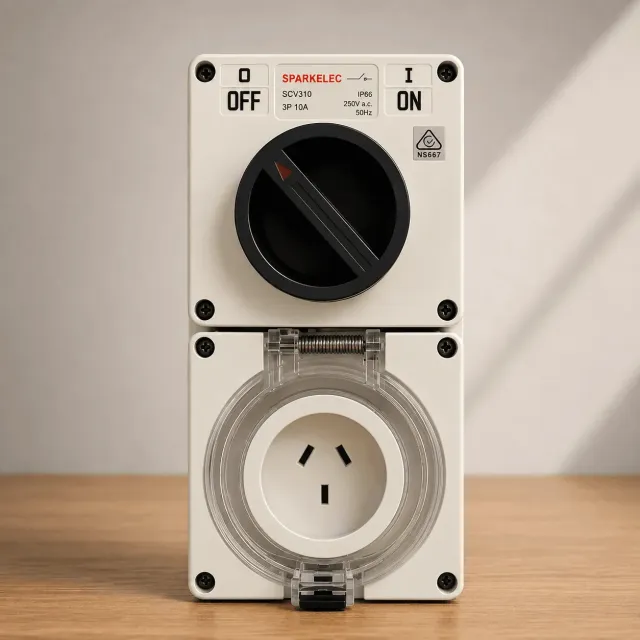 Highline 3 Pin 10amp FLAT Surface Switched Socket Combination IP66 - Single Phase - Impact And Chemical Resistant