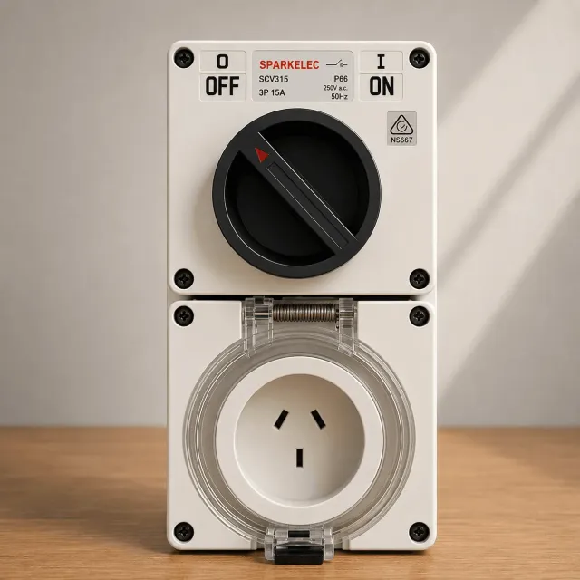 Highline 3 Pin 15amp FLAT Surface Switched Socket Combination IP66 - Single Phase - Impact And Chemical Resistant