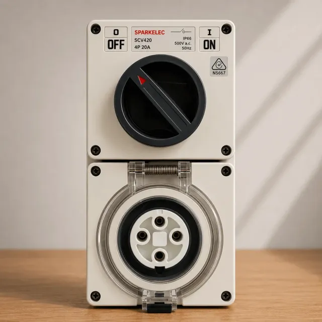 Highline 4 Pin 20amp Round Surface Switched Socket Combination IP66 - Three Phase - Impact And Chemical Resistant