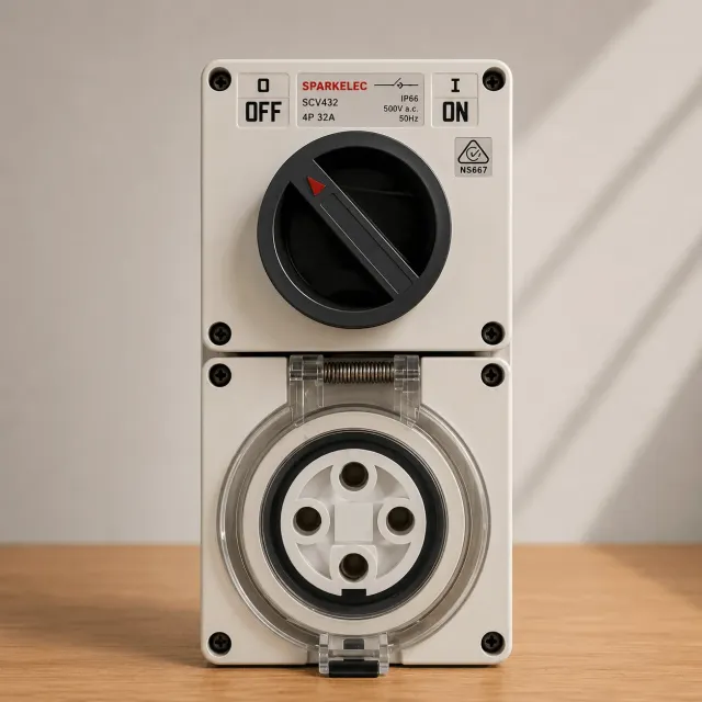 Highline 4 Pin 32amp Round Surface Switched Socket Combination IP66 - Three Phase - Impact And Chemical Resistant
