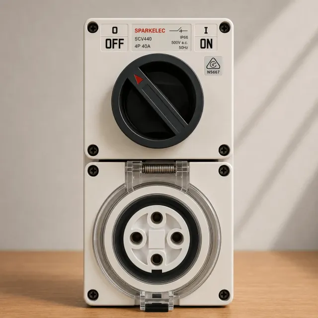 Highline 4 Pin 40amp Round Surface Switched Socket Combination IP66 - Three Phase - Impact And Chemical Resistant
