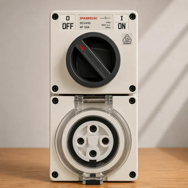 Highline 4 Pin 50amp Round Surface Switched Socket Combination IP66 - Three Phase - Impact And Chemical Resistant