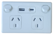 Highline Double Power Point 10 Amp WITH 3.1AMP MAX TWIN USB A+C CHARGER White - SGPO2USBAC-WHITE