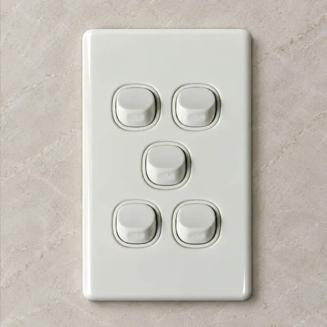5 Gang Slimline Switch 16 Amp White - 5 Years Replacement Warranty